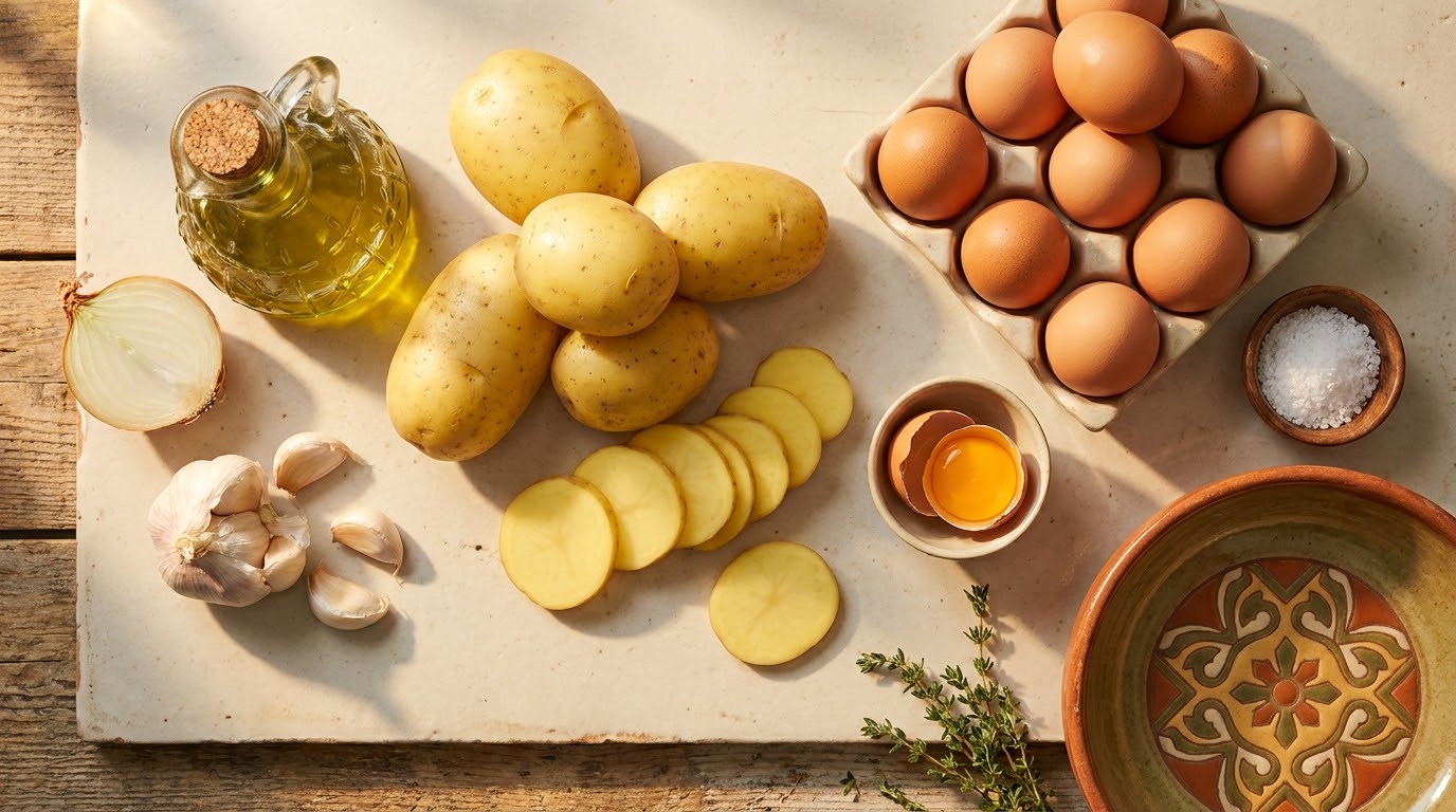 Ingredientes de la Tortilla de Patatas - Flatlay